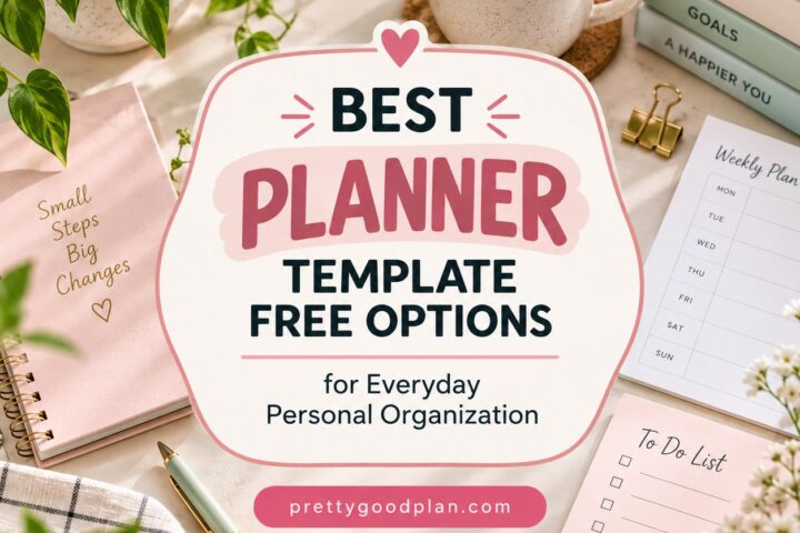 Best planner template for personal organization with notebooks, weekly planner, to do list, coffee cup, and plants on a table