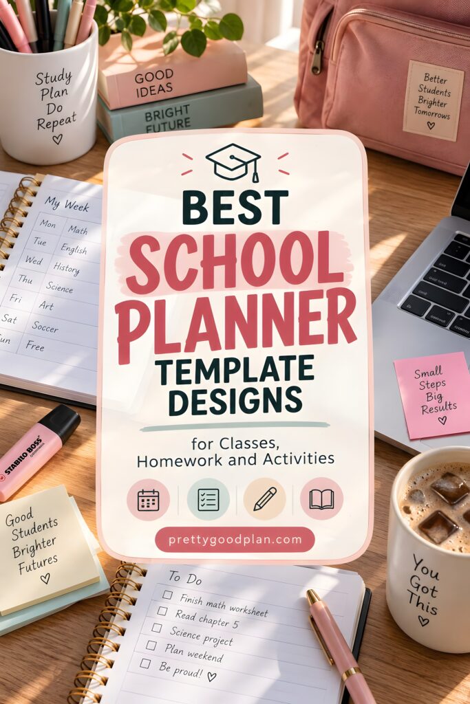 Best school planner template designs for classes, homework, and activities on a desk with study notes and supplies