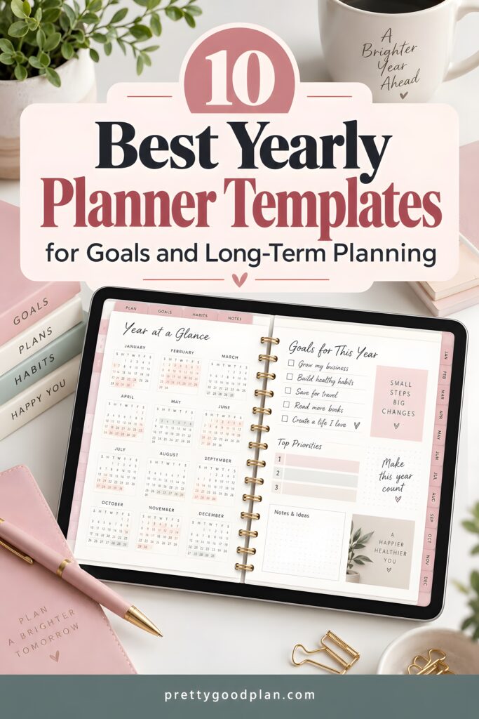 Yearly planner template designs showing a digital planner open to yearly goals and calendar overview pages with pink and