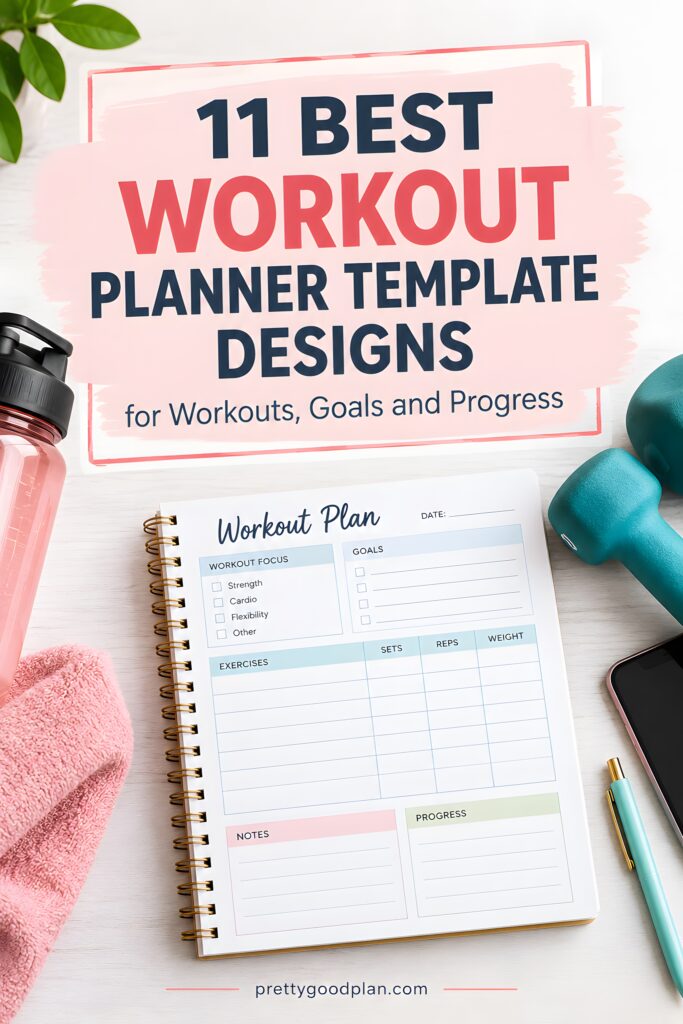 Workout planner template with sections for workout focus, goals, exercises, sets, reps, weight, notes, and progress