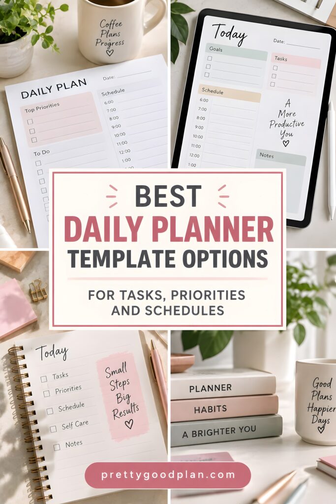 Various daily planner template options including printed sheets and a digital planner on a tablet for tasks, priorities, and