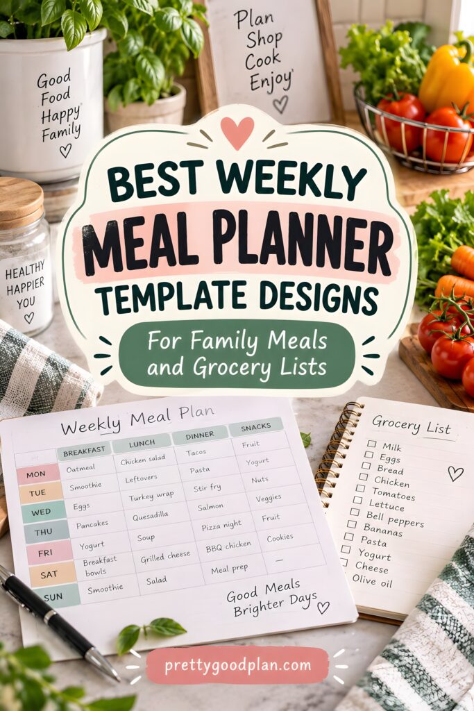 weekly meal planner template showing days, meals, snacks, and grocery list for family meal planning