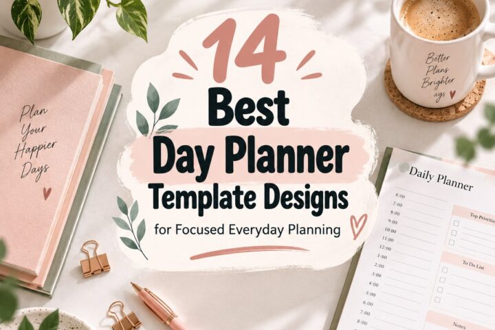 14 Best Day Planner Template Designs text surrounded by a daily planner, notebook, pen, coffee cup — day planner templates