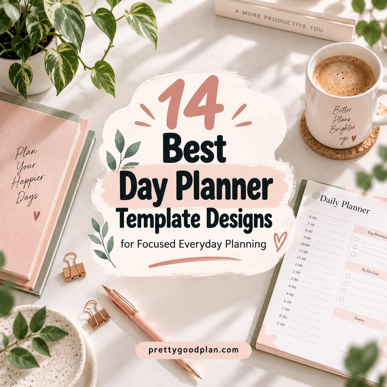 14 Best Day Planner Template Designs text surrounded by a daily planner, notebook, pen, coffee cup — day planner templates