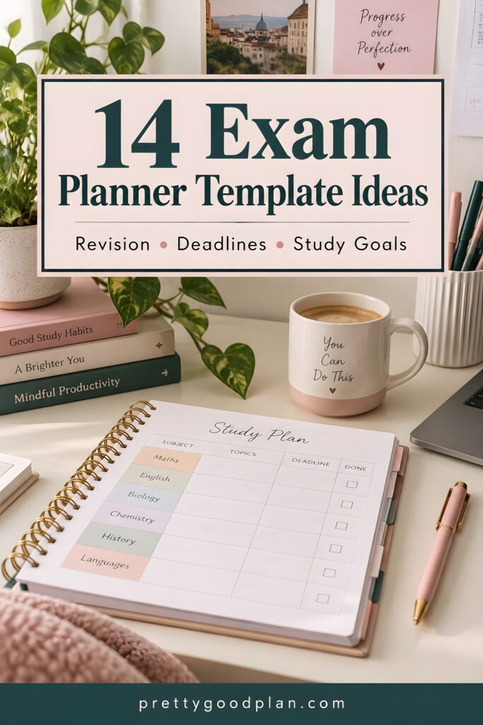 Exam planner template open on desk with study plan for subjects, a coffee mug, books, and a laptop