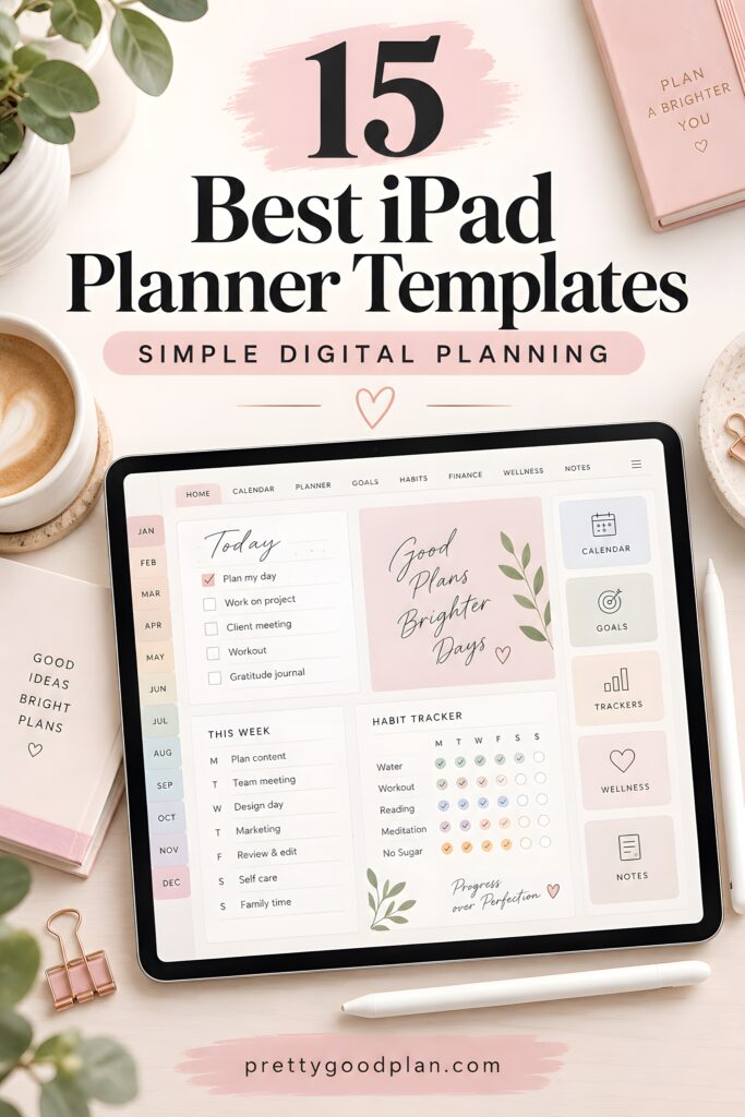 Find 15 iPad planner templates for simpler daily, weekly, and monthly planning. Compare hyperlinked digital planners for GoodNotes, reusable layouts, trackers, and clean designs that keep your schedule organized without making tablet planning feel complicated.