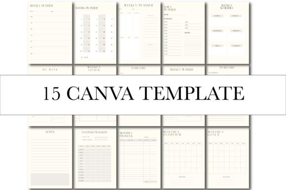 Minimal planner template showing 15 cream-toned Canva planner layouts for personal organization