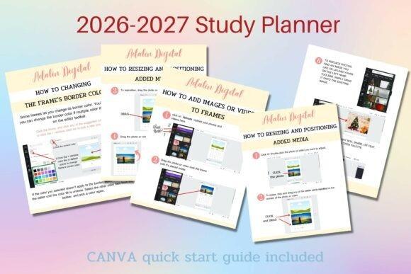 2026-2027 study planner template pages showing editing instructions in Canva with colorful backgrounds
