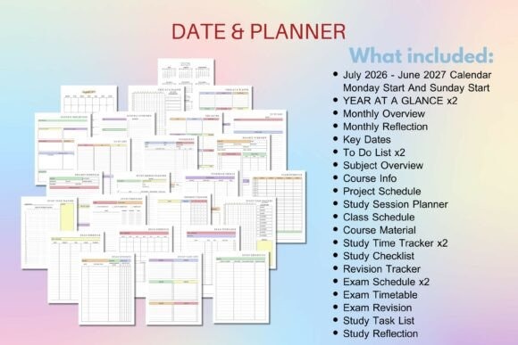 2026 - 2027 Study Planner pages showing calendar, schedules, revision trackers, and study planning — exam planner template