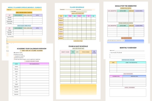 2026 academic weekly planner template showing weekly schedule, class schedule, goals for semester, and monthly overview pages