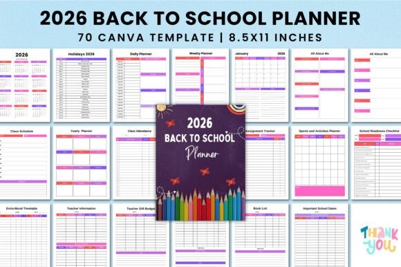 2026 Back to School Planner template pages showing schedules, trackers, and planners for school organization
