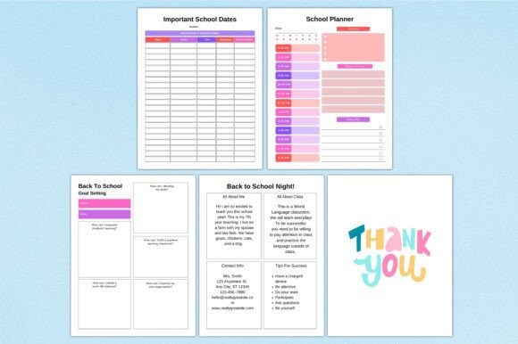 2026 Back to School Planner template pages including school dates, daily planner, back to school notes, and thank you page