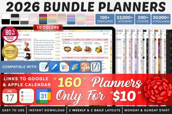 2026 bundle iPad planner template with 160 planners, calendar links, and multiple layouts for GoodNotes