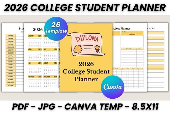 2026 College Student Planner template with 26 pages including monthly calendar, project planner — study planner template