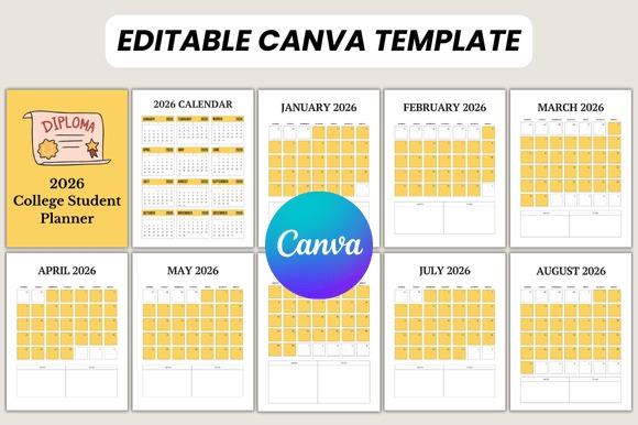 2026 College Student Planner template with monthly calendars and editable Canva design for study planner template