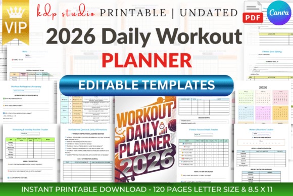 2026 Daily workout planner template showing editable pages for exercises, sets, reps, weights, cardio, goals, progress
