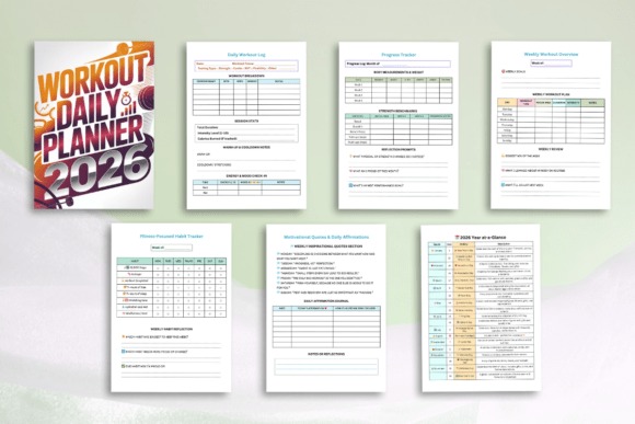 2026 Daily workout planner template showing exercise logs, progress tracker, weekly overview, hydration and nutrition