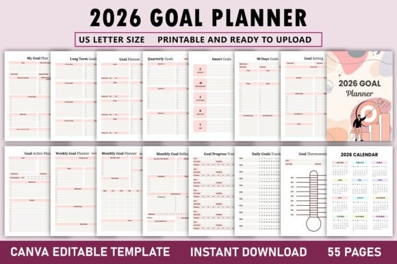 2026 Goal Planner yearly planner template designs showing editable Canva pages for goals, trackers, and calendar