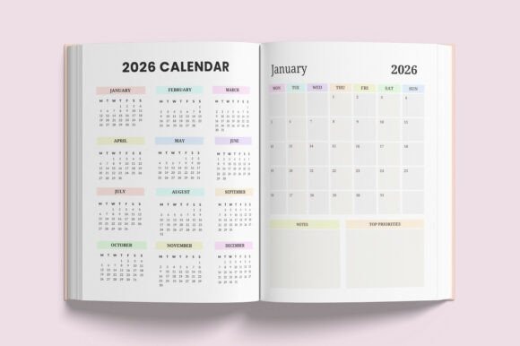 Open 2026 yearly planner template designs showing a calendar overview and a January monthly layout with notes and top