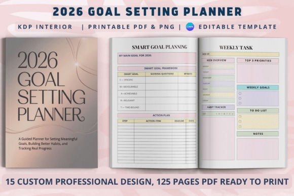 2026 goal planner template showing SMART goal planning and weekly task pages with editable design