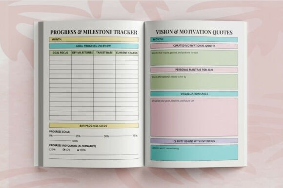 Open goal planner template showing progress and milestone tracker alongside vision and motivation quotes sections