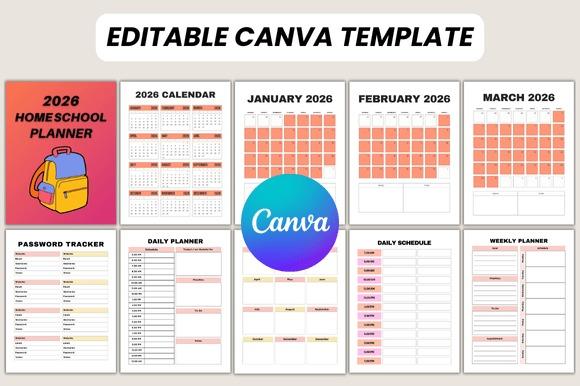 2026 home school weekly planner template with calendar, daily and weekly schedules, and trackers editable in Canva