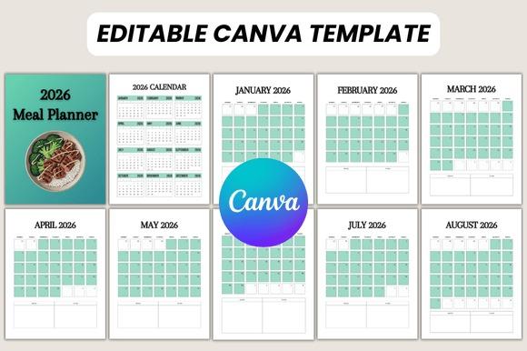 2026 Meal Planner Canva template with monthly calendar pages for organizing meals and — planner templates for organizing