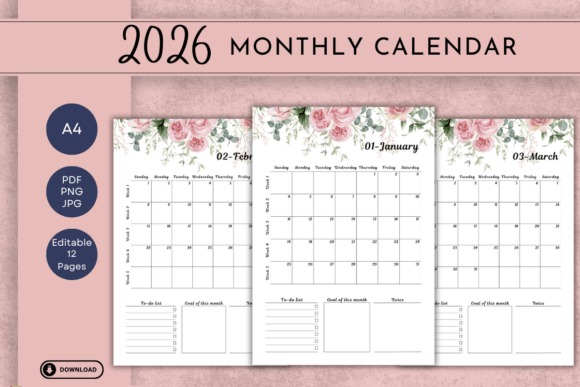 2026 monthly planner template printable with floral design, monthly calendar, to-do list, goals, and notes sections in A4