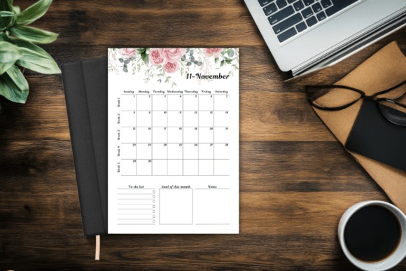 2026 monthly planner template printable with floral design showing November calendar, to-do list, goals, and notes sections