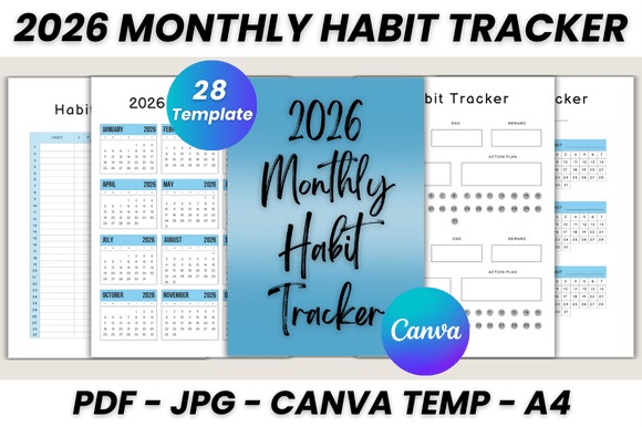 2026 monthly habit tracker monthly planner template printable with 28 pages including calendar, habit trackers, and notes in