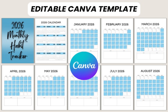 2026 monthly planner template printable showing calendar and monthly habit tracker pages editable in Canva