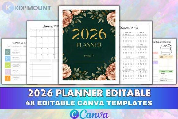 2026 planner template with floral cover and editable pages including calendar, SMART goals, and — planner template designs