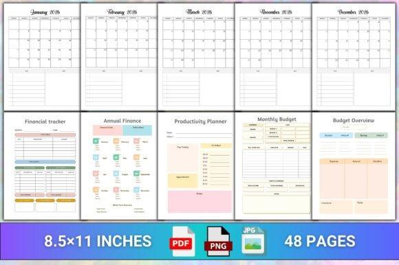 planner template designs showing monthly calendars and financial, productivity, and budget tracking pages in a clean layout
