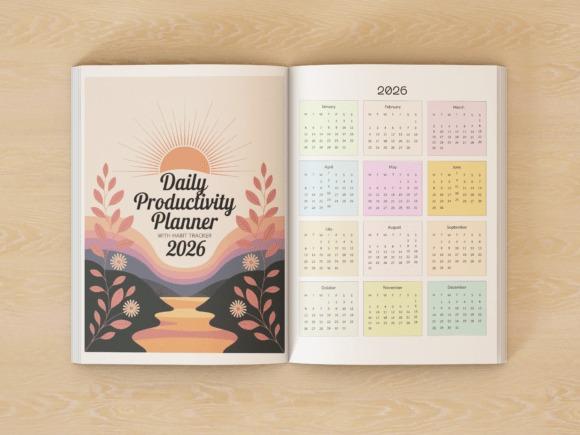 2026 Daily Productivity Planner open to colorful yearly calendar and cover with planner templates for organizing