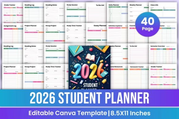 2026 Student Planner Canva Template with class, assignment, project, study, and weekly planning — school planner template