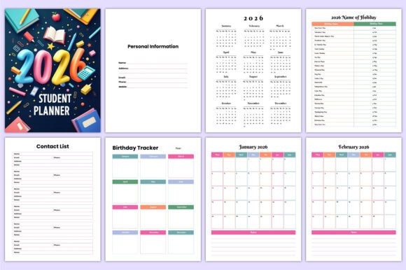 2026 student planner template with calendar, contact list, birthday tracker, and personal — school planner template