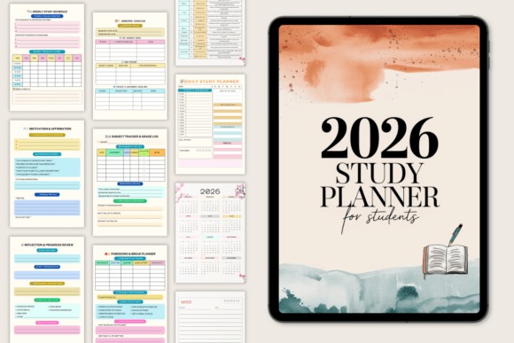 2026 Study Planner for Students showing exam planner template with semester planning, goals, subjects, grades, assignments