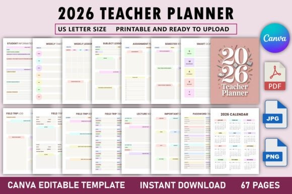 2026 teacher planner templates showing lesson plans, attendance, grades, seating charts, and calendar in editable Canva