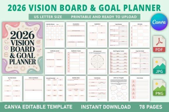2026 vision board and goal planner template with multiple planning pages and editable Canva format — planner template designs