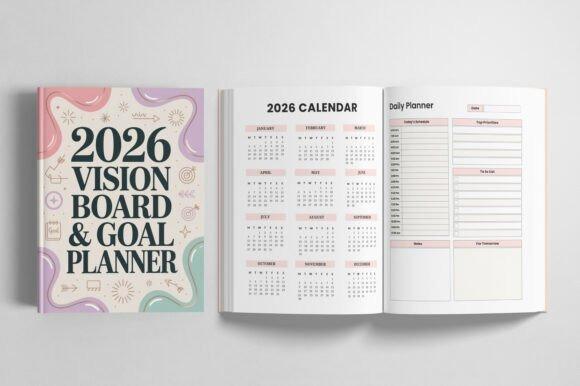2026 vision board and goal planner with calendar and daily planner pages, example of planner template designs