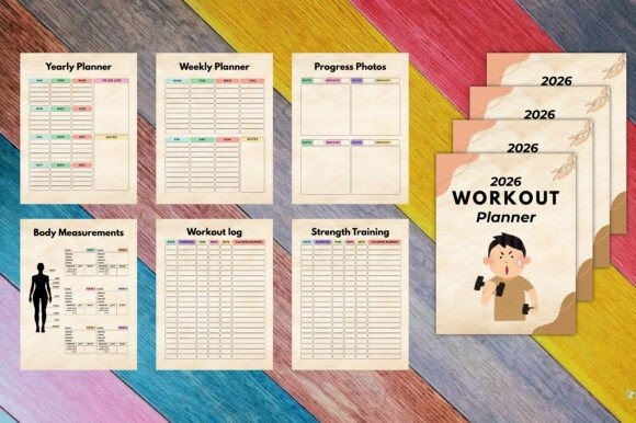 2026 workout planner template with yearly, weekly, progress photos, body measurements, workout log and strength training