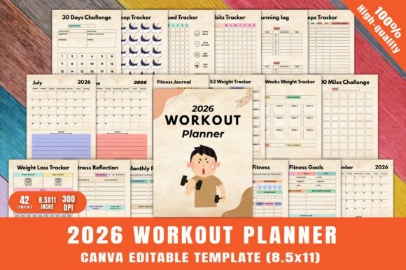 2026 workout planner template with 42 unique pages including fitness journal, weight tracker, running log, and monthly
