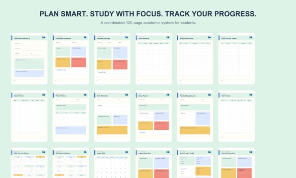 2026-2027 editable school planner template showing monthly and weekly academic planning pages for classes, assignments