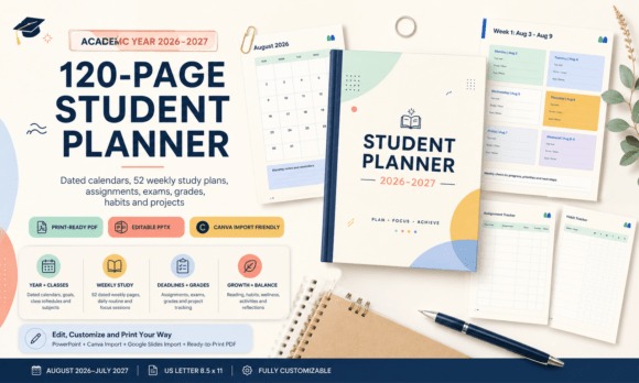 2026-2027 editable student planner template with monthly calendar, weekly study plans — school planner template