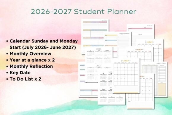 2026-2027 student planner template pages showing calendar, monthly overview, year at a glance — exam planner template