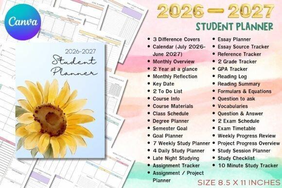 2026-2027 student planner template with sunflower cover and detailed academic year features — study planner template