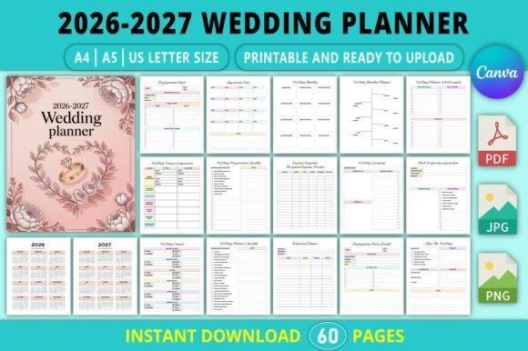 2026-2027 wedding planner templates showing calendar pages, budget, guest lists, timelines, and checklists in A4, A5, and US