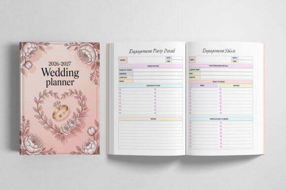 2026-2027 wedding planner templates with floral cover and detailed engagement party and shower planning pages