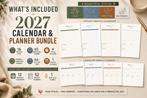 2027 calendar planner bundle showing yearly planner template designs with 4 styles, monthly and weekly pages in A4 and US