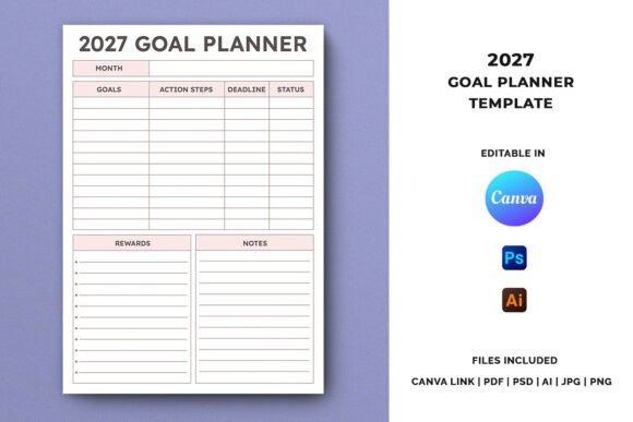 2027 goal planner template with sections for goals, action steps, deadlines, status, rewards, and notes editable in Canva